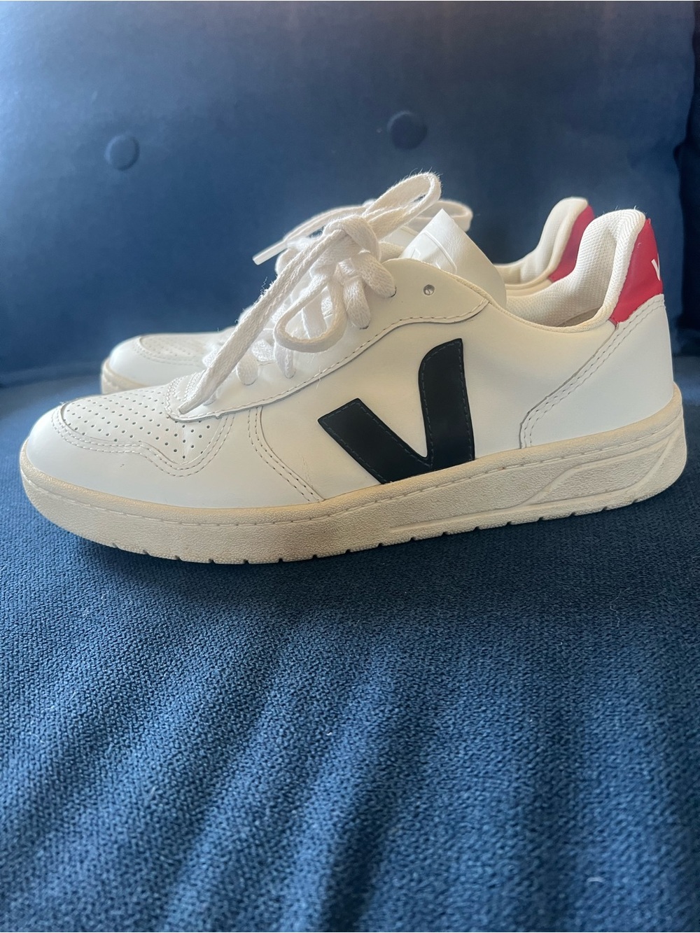 Veja White Leather Sneakers with Black V and red Heel Accent